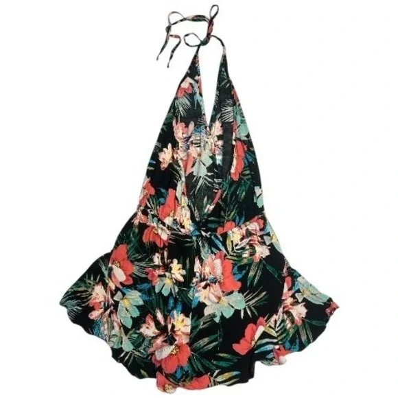 Cotton Candy LA Floral Halter Romper Black Tropical Print Ruffle Womens Small - Picture 2 of 5